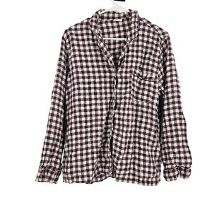 Piglet In Bed Button Down Shirt Maroon White Linen Plaid Checkered Collared L